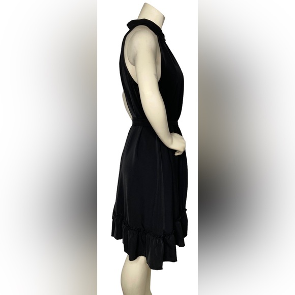 KIRUNDO Black Silk Satin Button Down Sleeveless Ruffle Halter Dress, XL - Picture 4 of 9